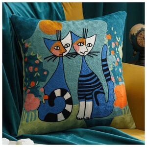 Embroidered Abstract Cat Throw Pillow Cover Fits 18x18 or 20x20 Inserts